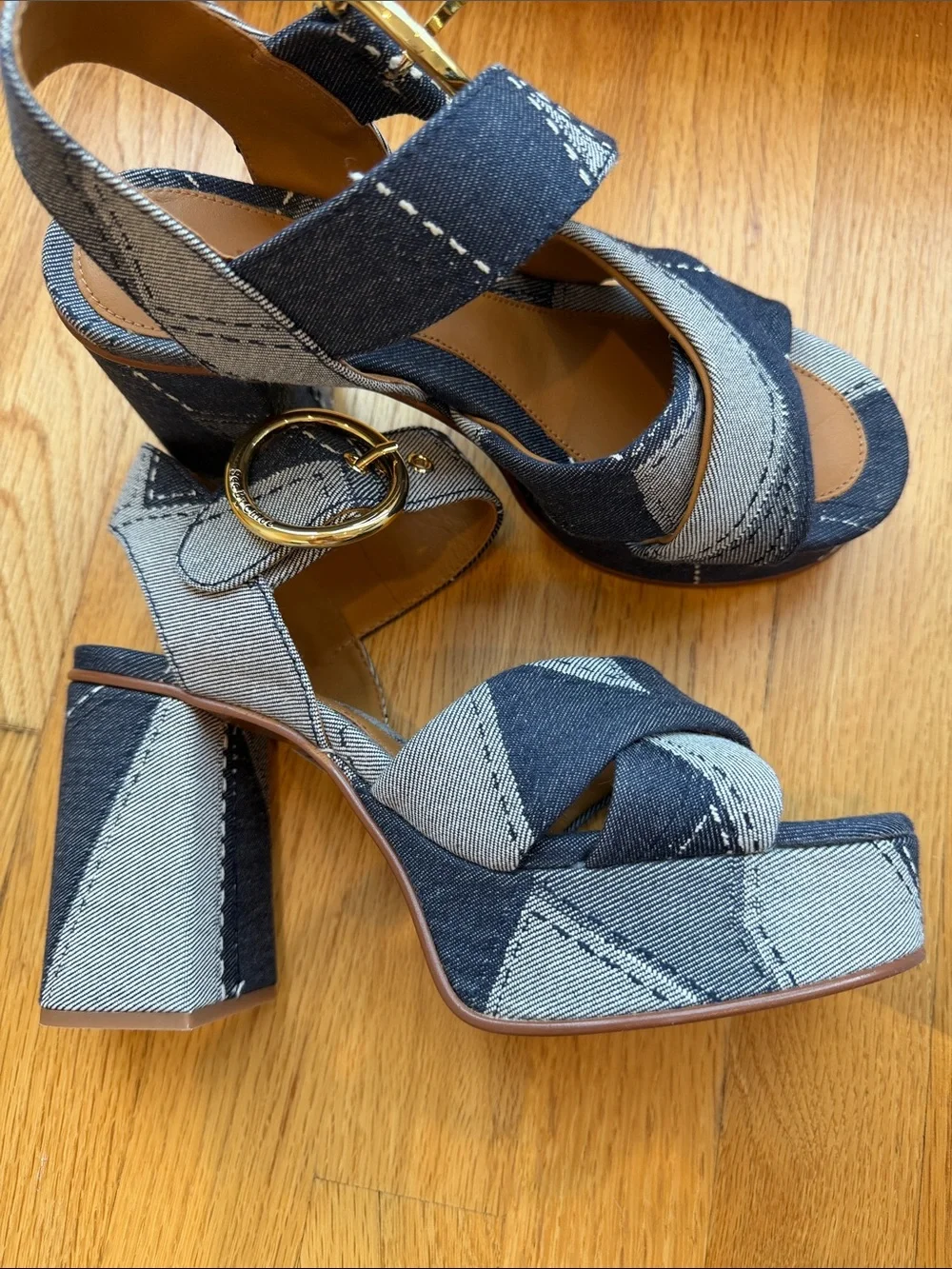 See by Chloe Platform Block Heel Sandals in Blue Denim